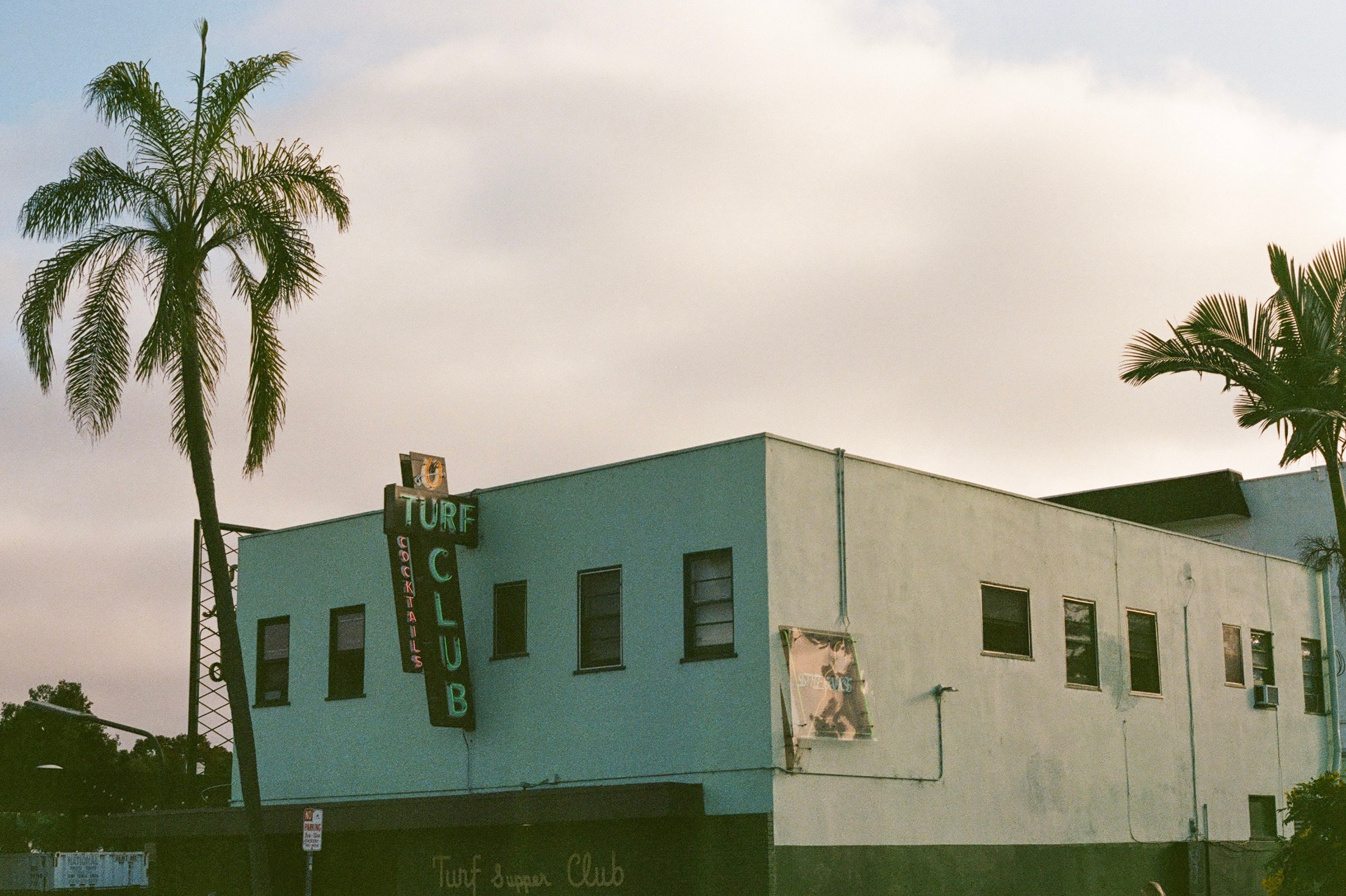 Vintage Turf Club sign beside a pale building framed by tall palm trees at dusk in California