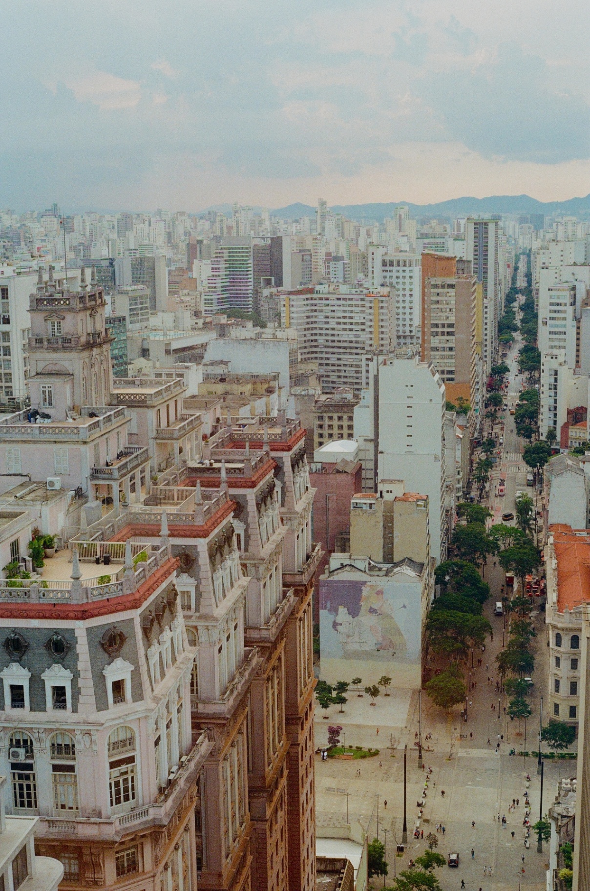 Aerial view of São Paulo rooftops stretching to distant mountains with a tree-lined avenue