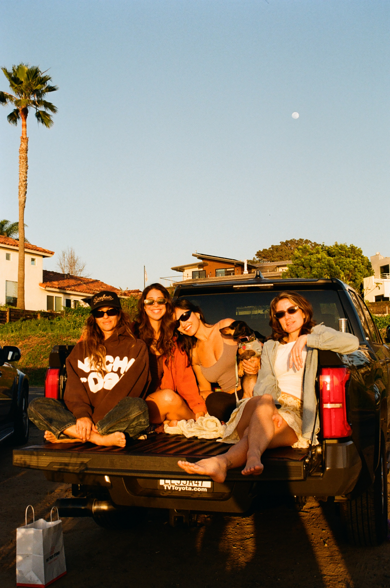 Four friends and a dog on a truck tailgate at golden hour, palm and moon above