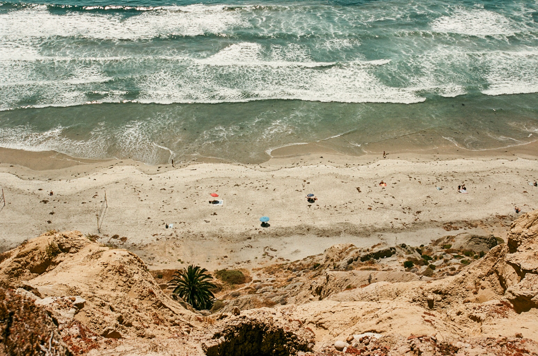View from the Torrey Pines cliffs down to a wide sandy beach with scattered umbrellas and rolling Pacific waves