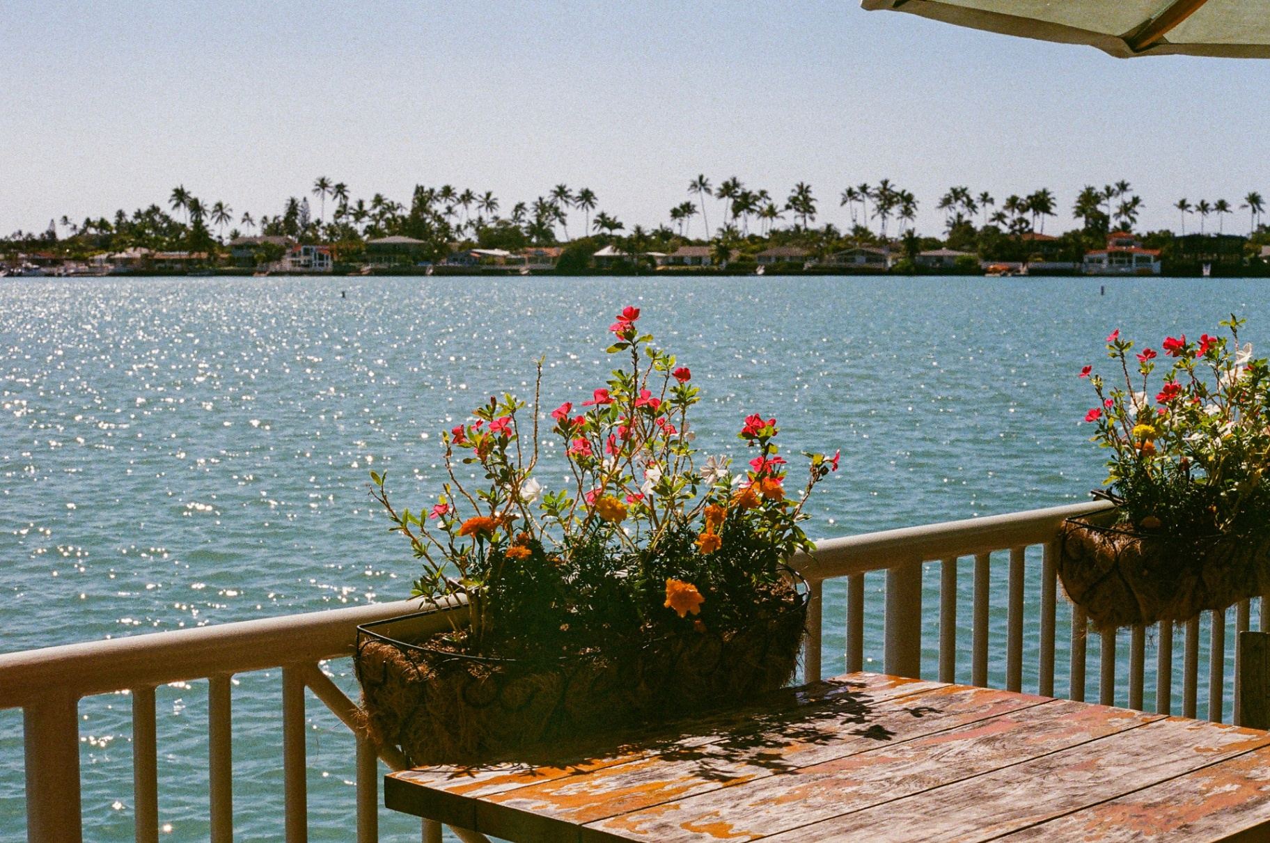 Flower planters and a weathered wooden table on a lanai overlooking a turquoise Hawaiian bay